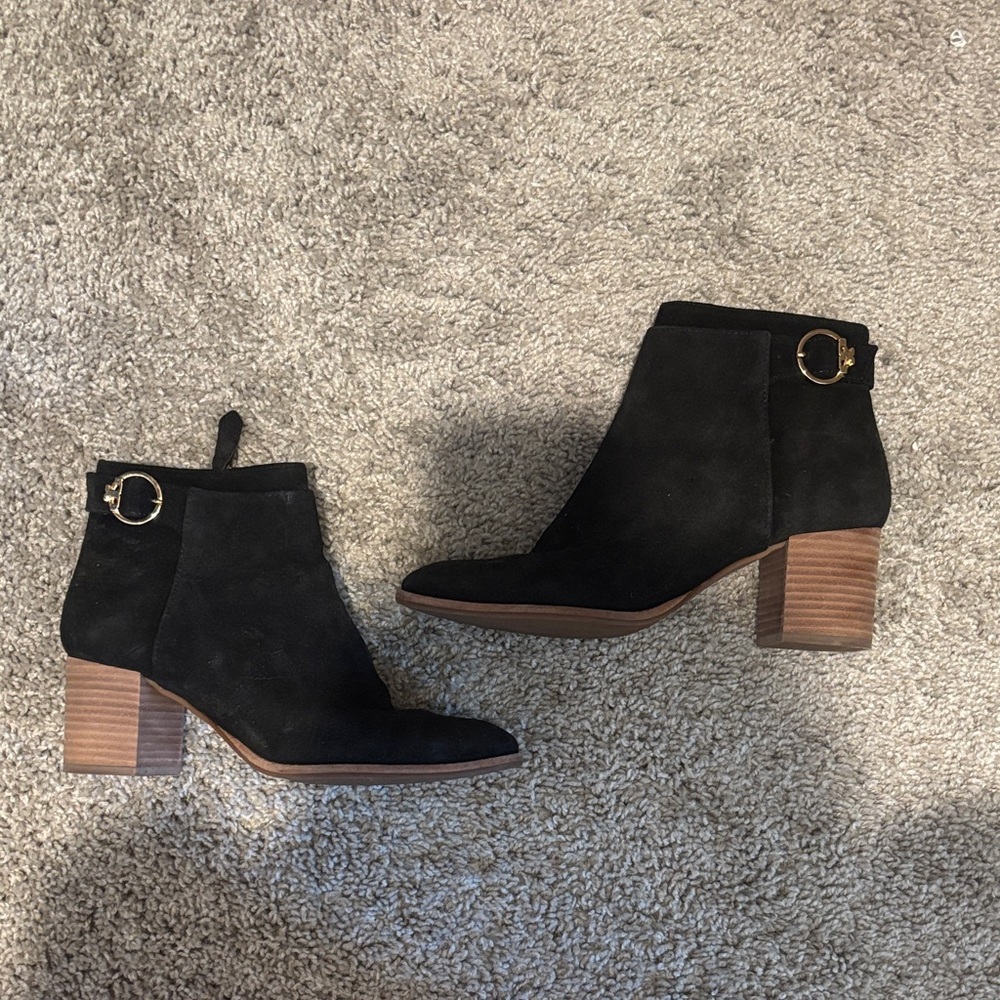 Tory Burch Black Ankle Boots with Gold Buckle